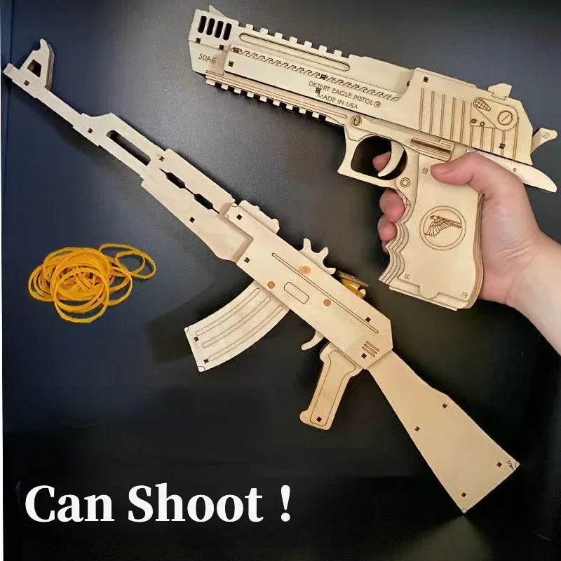 3D Wooden Mechanical Guns Shooting Models Building Block Assemble Outdoor Sport Puzzle Toy for Children Creative Gift