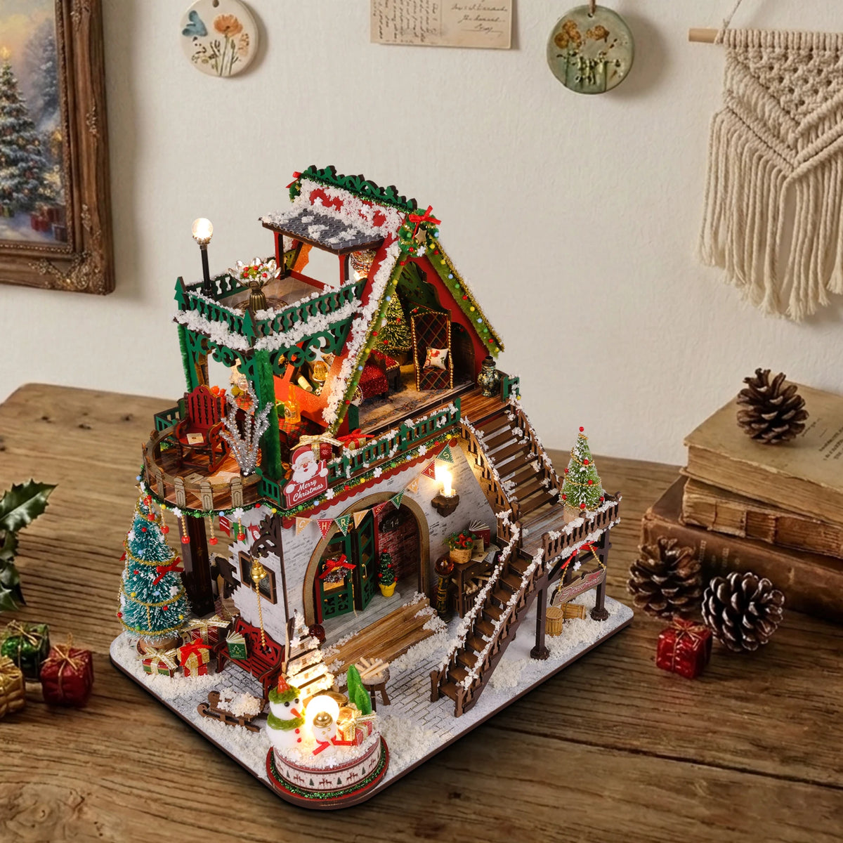 DIY Book Nook Kits, 3D Wooden Bookshelf Insert Decorative Bookend Model Kits ，DIY Winter Christmas Cabin Book Nook Kit