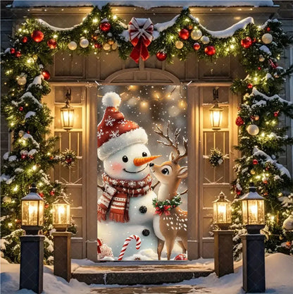 Christmas Theme Santa And Elk Backdrops Snowman Hanging Door Banner Indoor Outdoor Veranda Xmas Curtain Cover Festive Supplies