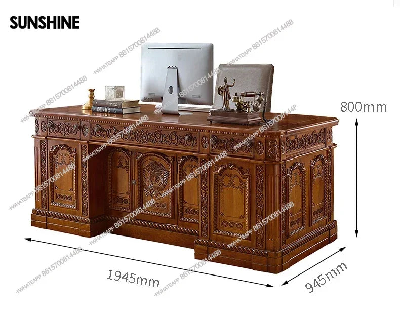 Luxury American Style Solid Wood White Wax Large Desk European President Office Boss Desk