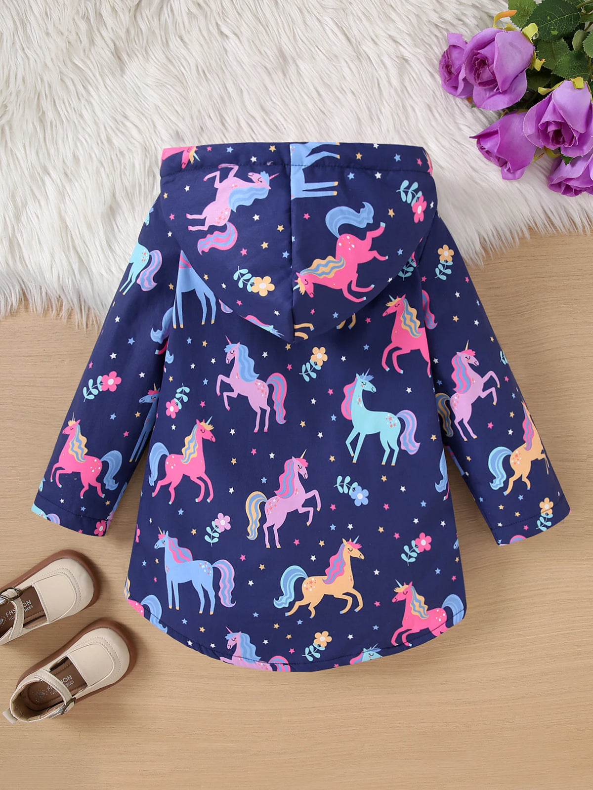 Autumn/Winter Fleece Warm And Cold Proof Girls' Colorful Printed Hooded Jacket For Casual Outings Medium To Long Length Jacket