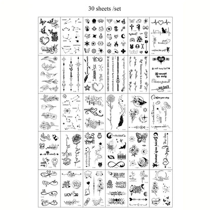 30pcs Black Small Temporary Tattoo Stickers for Men Women Waterproof Butterfly Flower Moon Fake Tattoo Stickers for Hand Body