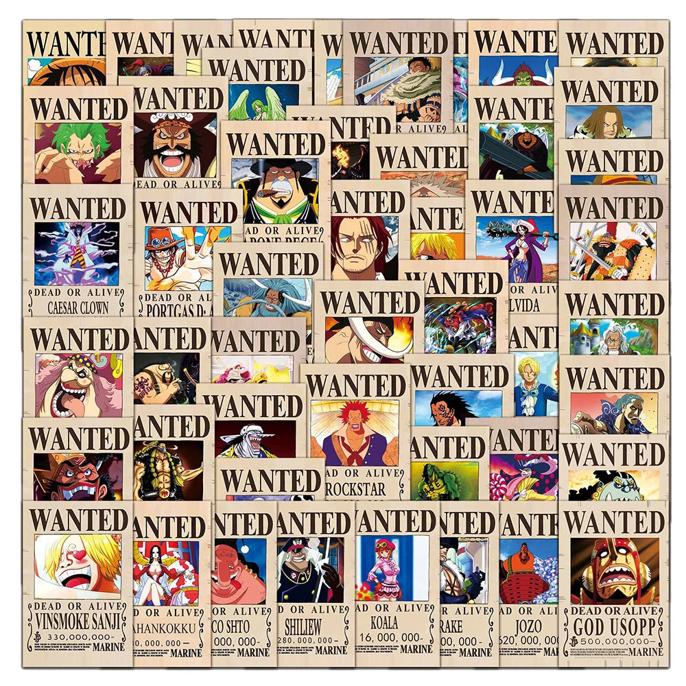 10/30/50/100pcs Anime ONE PIECE Wanted Posters Stickers Cool Luffy Zoro Cartoon Decals Laptop Phone Suitcase Classic Toy Sticker