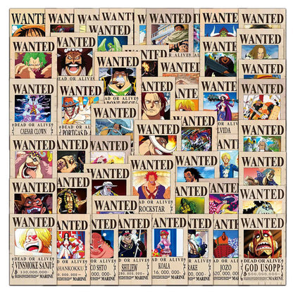 10/30/50/100pcs Anime ONE PIECE Wanted Posters Stickers Cool Luffy Zoro Cartoon Decals Laptop Phone Suitcase Classic Toy Sticker