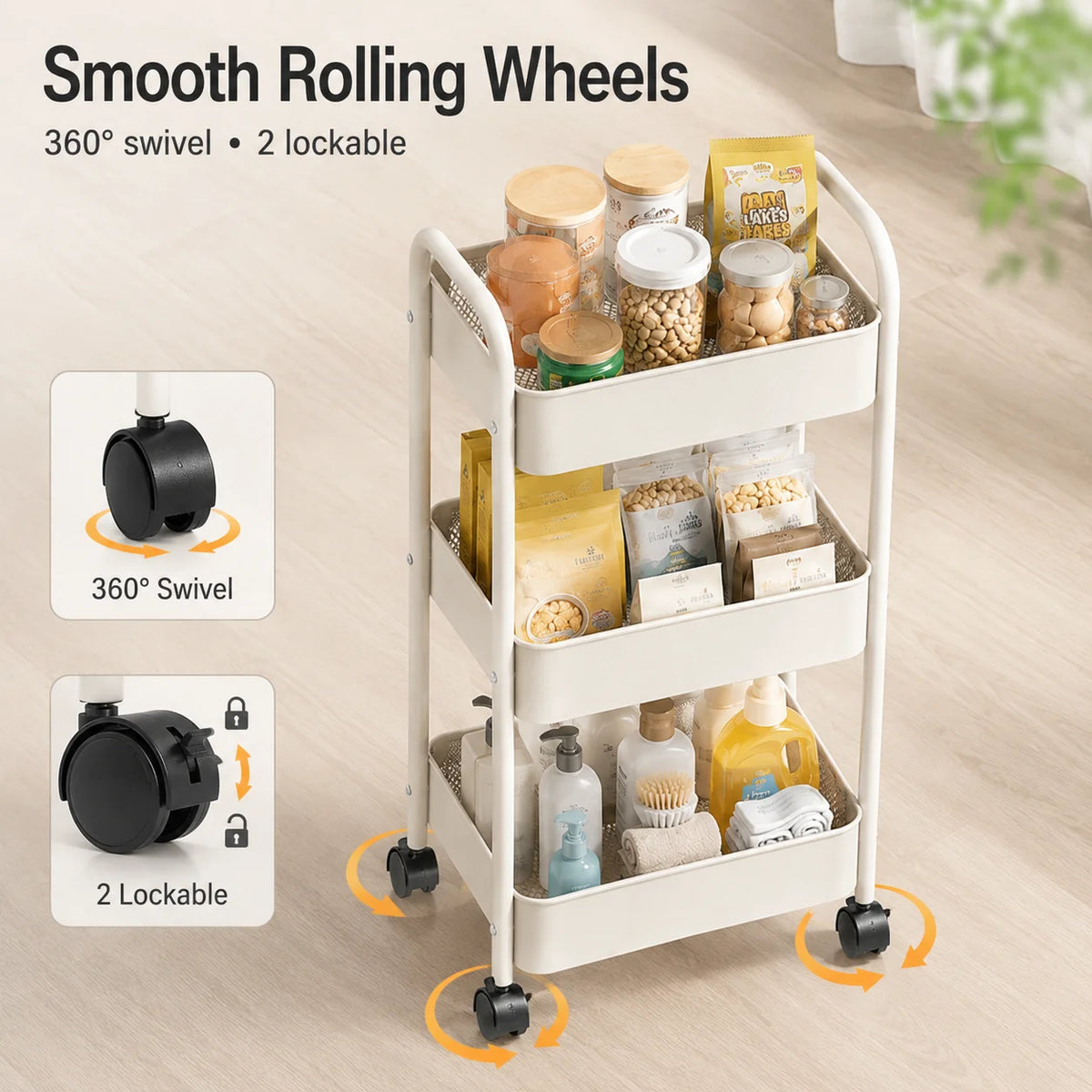 3-Tier Slim Rolling Storage Cart, 66 cm High Metal Utility Trolley for Kitchen, Bathroom and Laundry Room