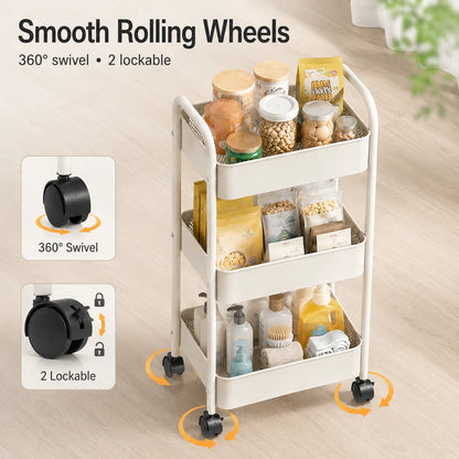 3-Tier Slim Rolling Storage Cart, 66 cm High Metal Utility Trolley for Kitchen, Bathroom and Laundry Room
