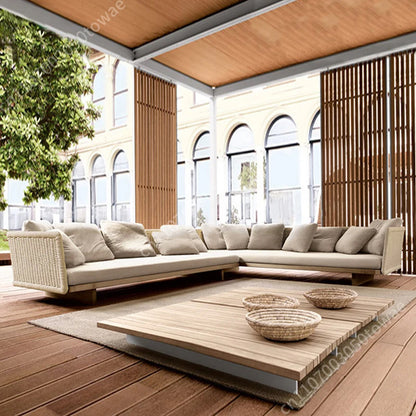 Woven Rattan Outdoor Sofa with Solid Wood Base, Weather-Resistant Patio Couch, 3-Seater Lounge Sofa for Balcony & Garden