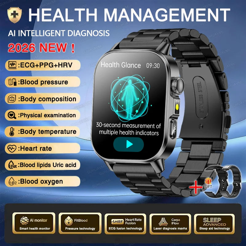 2026 New ECG+PPG Health AI Diagnosis Analysis Smart Watch Blood Lipid Uric Acid Tracker Clock NFC Bluetooth Call Watch Men Women