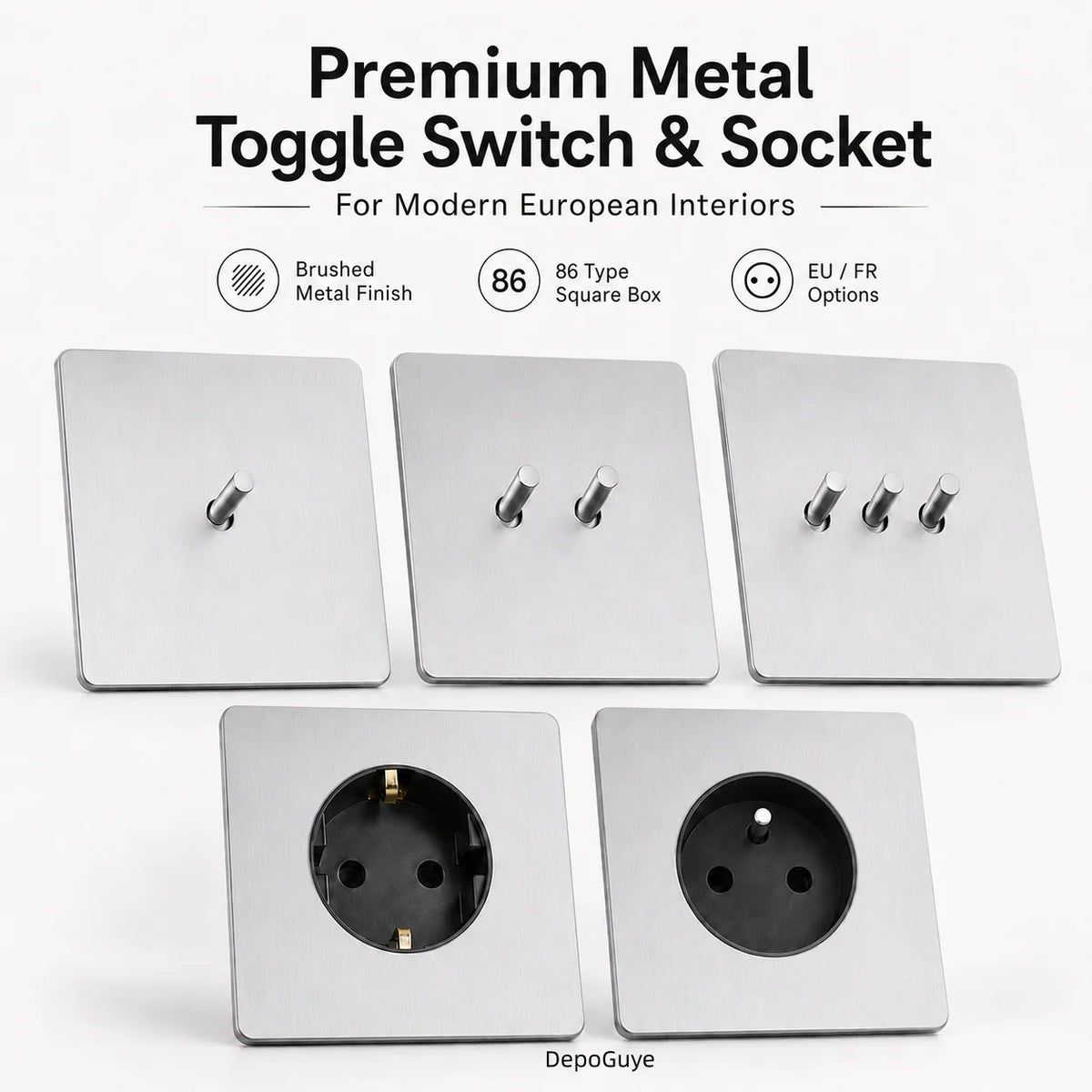 Wall Light Toggle Retro Switch Panel 1-4 Gang 2 Way EU Silver Gray Brushed Stainless Steel Antique Switch Outlet with USB Chargi