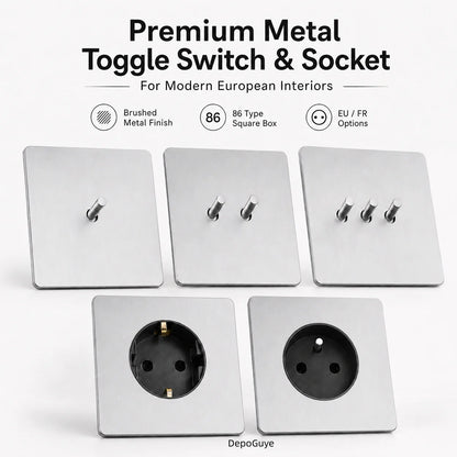 Wall Light Toggle Retro Switch Panel 1-4 Gang 2 Way EU Silver Gray Brushed Stainless Steel Antique Switch Outlet with USB Chargi