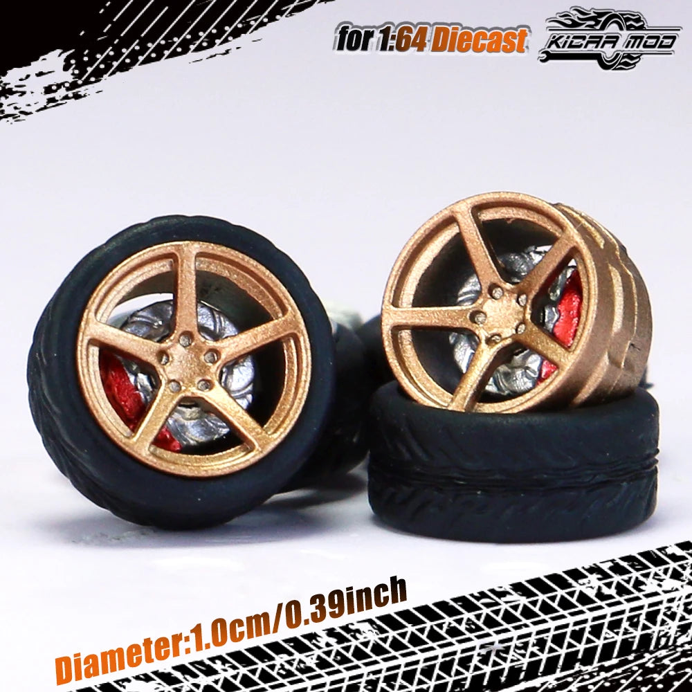 Kicarmod 1/64 Model Car ABS Wheels with Rubber Tire Brake Disc Refitting Parts Diameter 10mm For Model Car Tomica