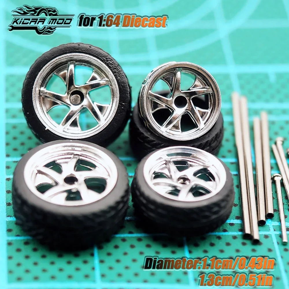 Kicarmod 1/64 Model Car ABS Wheels with Rubber Tire Metal Rims Front Small Rear Large Refitting Parts For Model Car