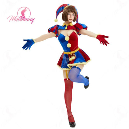 MOBBUNNY Halloween Clown Cosplay Costume Women's Lingerie Set Blue Red Bodysuit and Mini Skirt with Gloves and Hat