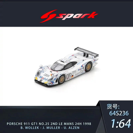 SPARK 1:64 911 GT1 Le Mans 1998 #25 #26 Die‑cast Alloy Model With Display Base