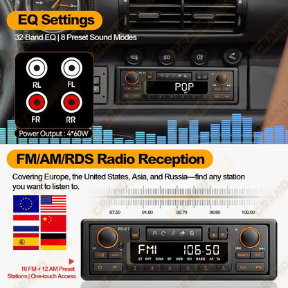1DIN Retro Car Radio MP3 Player Stereo Bluetooth FM AM RDS Support QC3.0 For Porsche VW Benz BMW Land Rover Audi Alfa Romeo