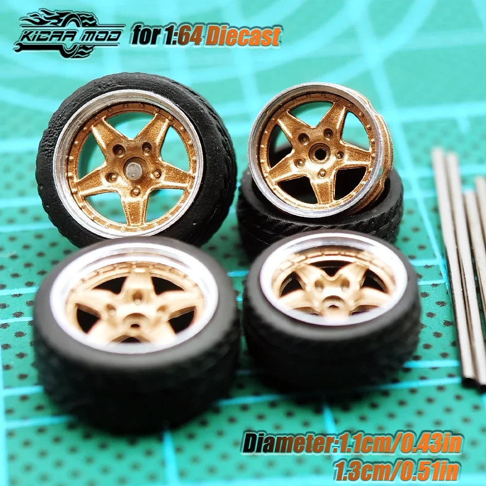 Kicarmod 1/64 Model Car ABS Wheels with Rubber Tire Metal Rims Front Small Rear Large Refitting Parts For Model Car