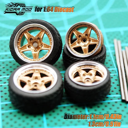 Kicarmod 1/64 Model Car ABS Wheels with Rubber Tire Metal Rims Front Small Rear Large Refitting Parts For Model Car
