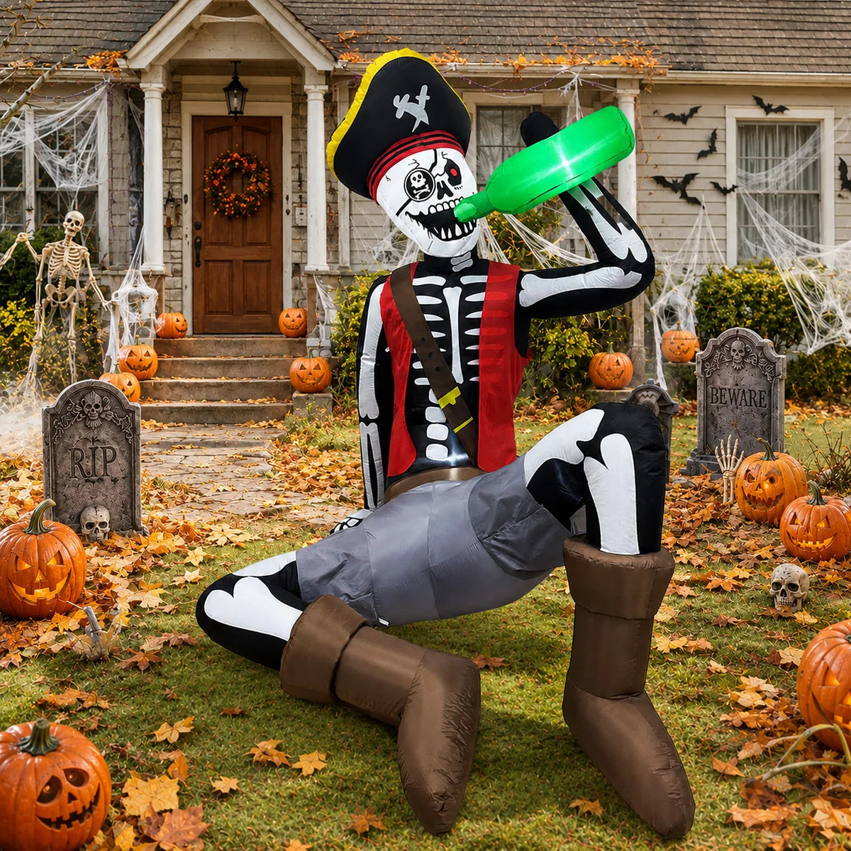 6.5FT Halloween Inflatable Decoration, Drinking Skeleton Pirate, Suitable for Patios, Lawns, Indoor and Outdoor Holiday Parties.