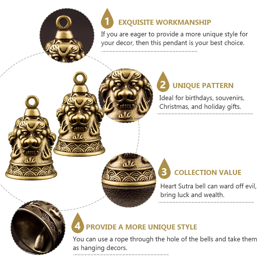 2pcs Retro Crafts Brass Bell Ornaments Lion Head Pendants for Keychain