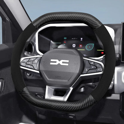 Suitable for Dacia Suede Matte Carbon Fiber Texture Steering Wheel Cover, Suitable for Models Such as Sandero Stepway, Duster, Jogger, Bigster, Spring, Electric, Cargo, Logan, Etc., Black Mocha Car Accessories