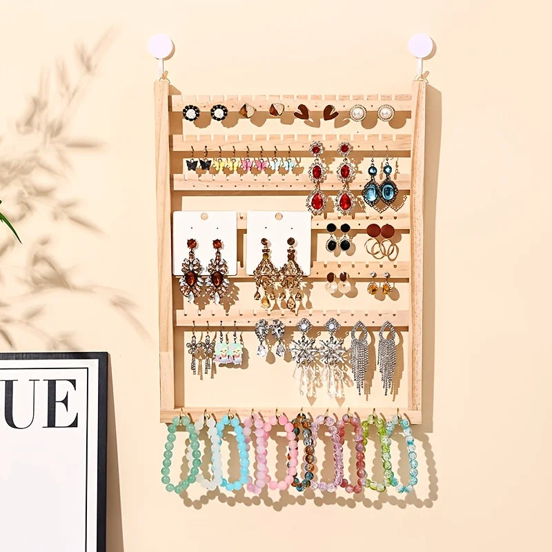 Multi-function Wooden Wall Hanging Rack, Jewelry Display Storage Holder & Key Hook for Home Entryway