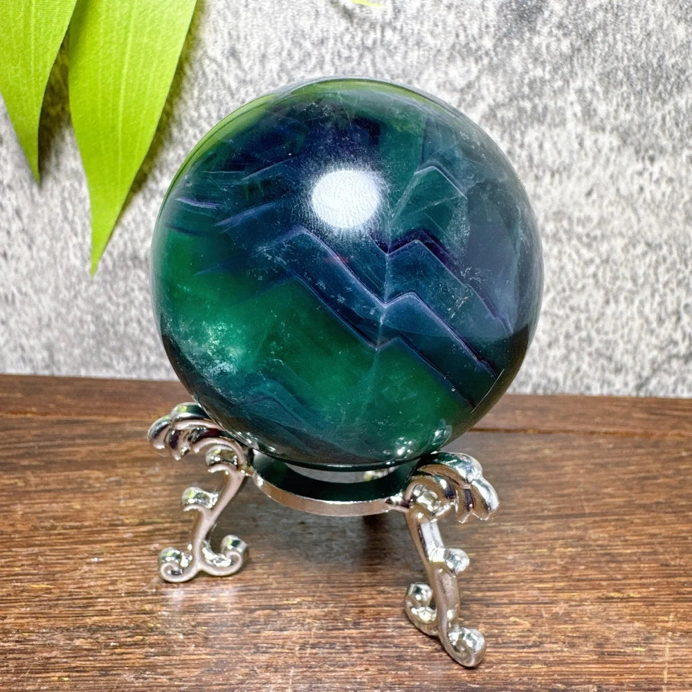 Natural Blue Snowflake Feather Fluorite Spheres Stone Healing Crystal Reiki Energy Home Scene Decorations Gifts+Stand