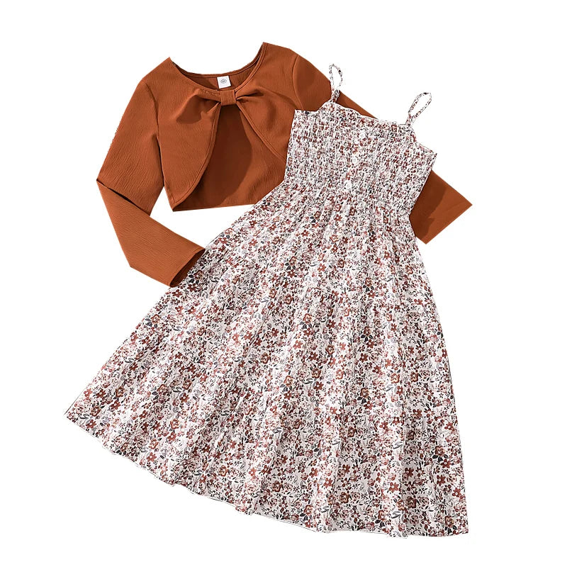 Kid Girl Long Sleeve Bow Design Coat & Beige All Print Shirred-Bodice Sling Dress Set Cute Sweet Elegant Princess Dress For Kids