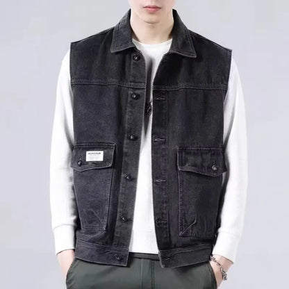 Spring Vintage Design Mens Denim Vest Male Retro Sleeveless Jackets Men Ripped Hole Button Jean Waistcoats Clothing 4XL