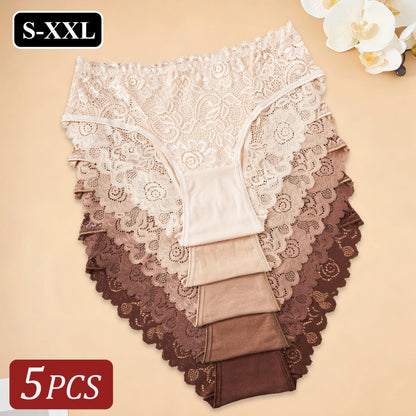 5PCS/Set Hot Selling New Cotton Women's Underwear Elegant Floral Lace Panties Breathable Solid Color Hollow Sexy Briefs Lingerie