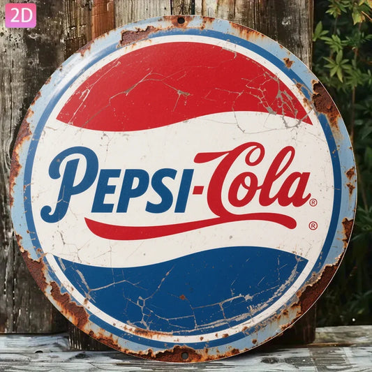 2D Vintage Metal Sign Pepsi-Cola Retro Classic Soda Drink Logo Rustic Weathered Distressed Tin Wall Art Plaque for Home Bar Cafe