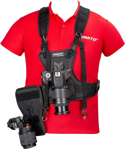 FOMITO Dual Camera Harness Multi Carrying Chest Vest System with Side Holster for Canon Nikon Sony Olympus DSLR Camera
