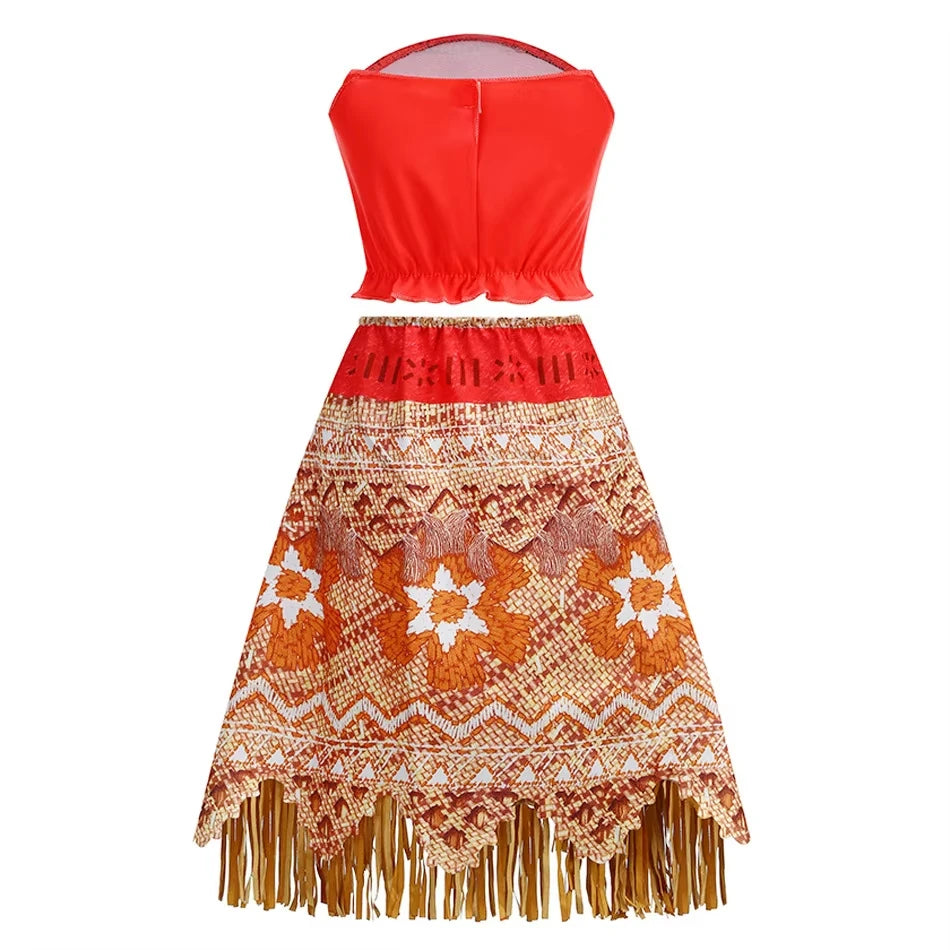 Girls Moana Princess Dress for Kids Carnival Cosplay Vaiana Costume Children Birthday Party Headwear Necklace Flower Clothes Set