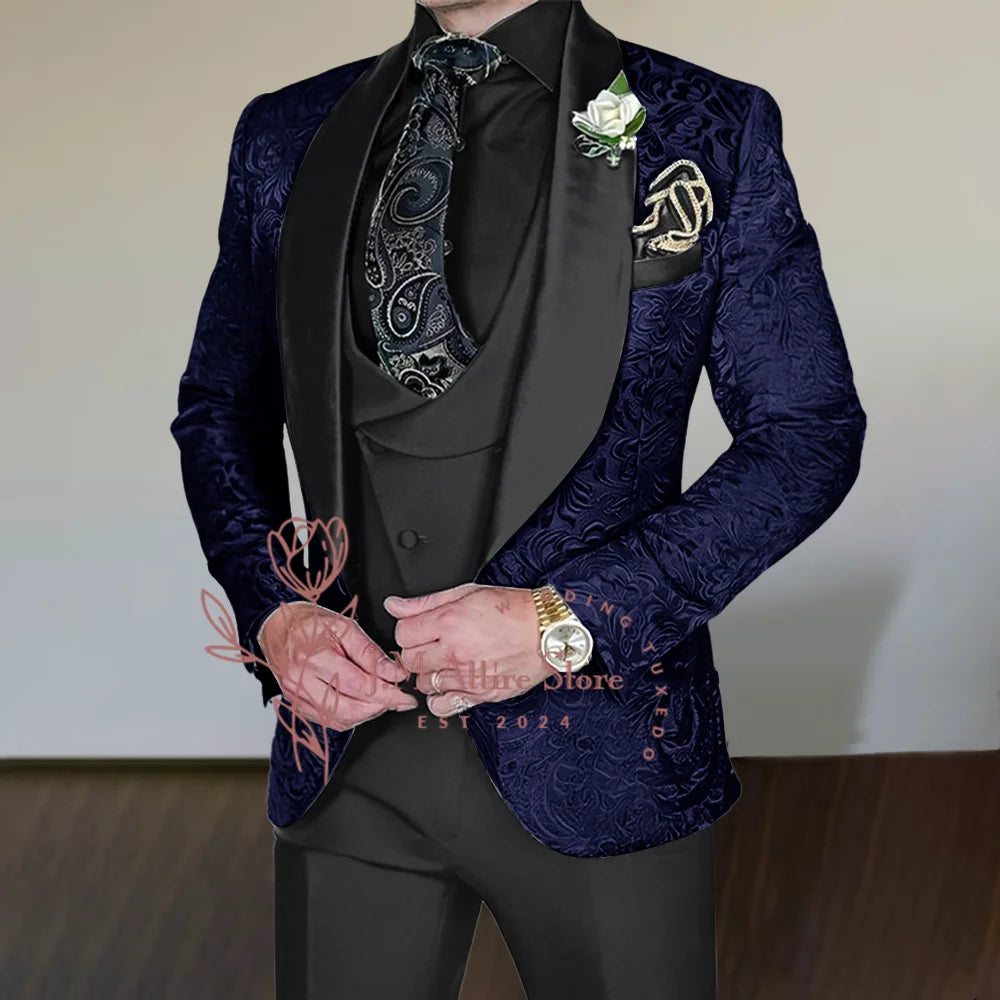 Silver-Grey Jacquard Suit for Men 3Pcs Set Black Satin Jacket Vest Pants Tailored Fit for Wedding Groom Cocktail Party Tuxedo
