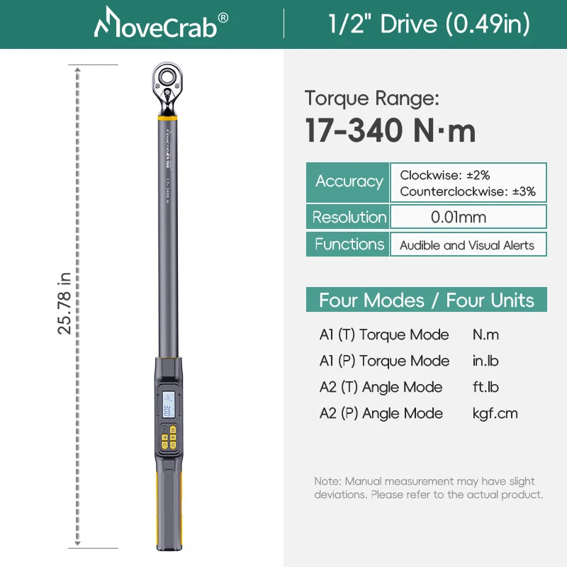 MoveCrab 3/8" 1/2" Drive Digital Angle Torque Wrench 3-340 N.m Angle Measurement 0.1°for DIY Auto Motorcycle Repair