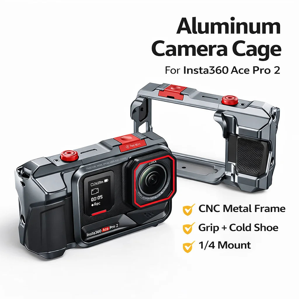 For Insta360 Ace Pro 2 Aluminum Camera Cage Metal Protective Frame with Grip Cold Shoe 1/4 Mount