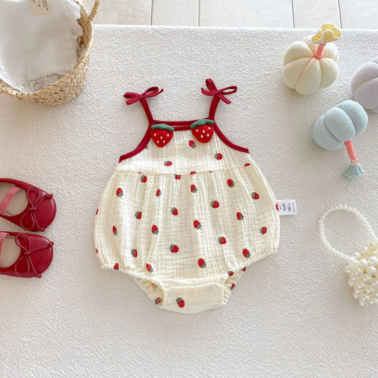 2026 Summer Cute Baby Bodysuit Strawberry Pattern Camisole One Piece Clothing Yellow Sleeveless Clothes for Toddler Girls