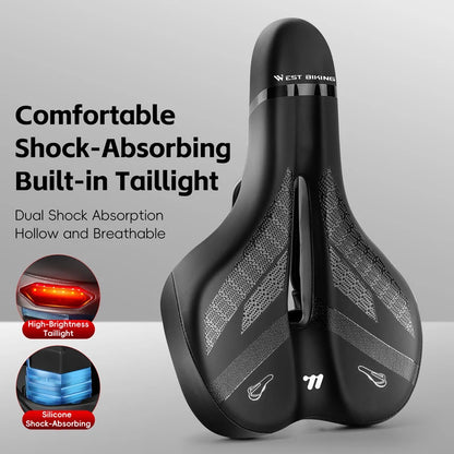 Bike Saddle with LED Taillight 6 Lighting Modes Memory Foam Padding TYPE-C Charging Weatherproof for Night Cycling Safety