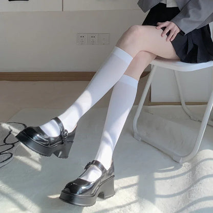 Solid Color Black White Long Socks Women Stockings JK Girls Thigh High Stockings Velvet Breathable Knee High Socks Stockings Sox