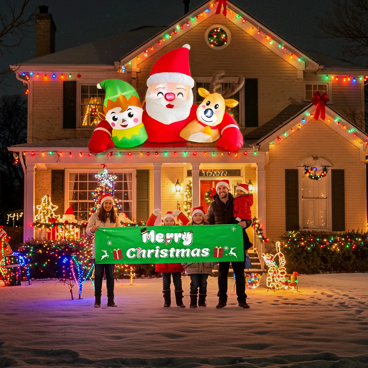 OurWarm 7.2FT Christmas Inflatable Outdoor Decoration,Detachable Banner Inflatable Santa Claus Outdoor with Elf & Reindeer Decor