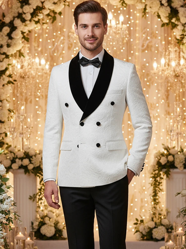 Double-breasted Groom's Wedding 2 Piece Set Men's White Slim Fit Leisure Tasdo Shawl Collar‌ Evening Gown Men's Suits