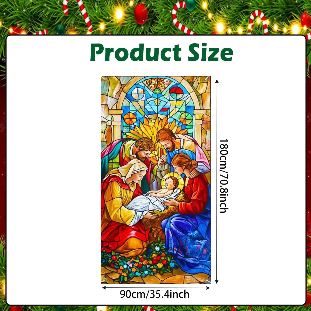 Christmas Door Banner Stained Glass Jesus Nativity Design Religious Holiday Theme Decorative Door Cover Outdoor Christian Decora