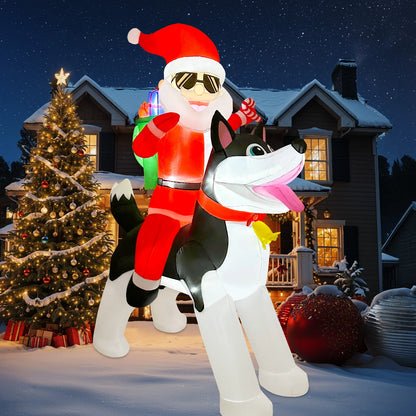 8FT inflatable Christmas outdoor decoration, Santa Claus riding a husky, fun Christmas patio decoration