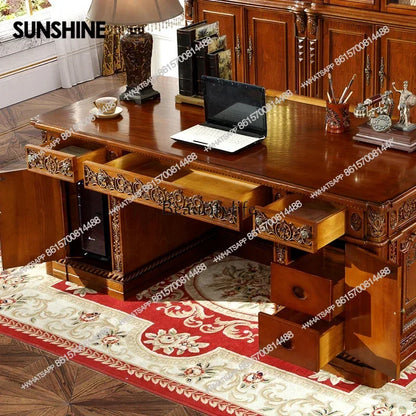 Luxury American Style Solid Wood White Wax Large Desk European President Office Boss Desk