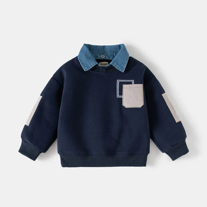 1-8Y Autumn Winter Boys Sweatshirt Fleece Lined Kid's Fake Two-Piece Child's Clothing Korean Style Cotton Kids Pullover Top