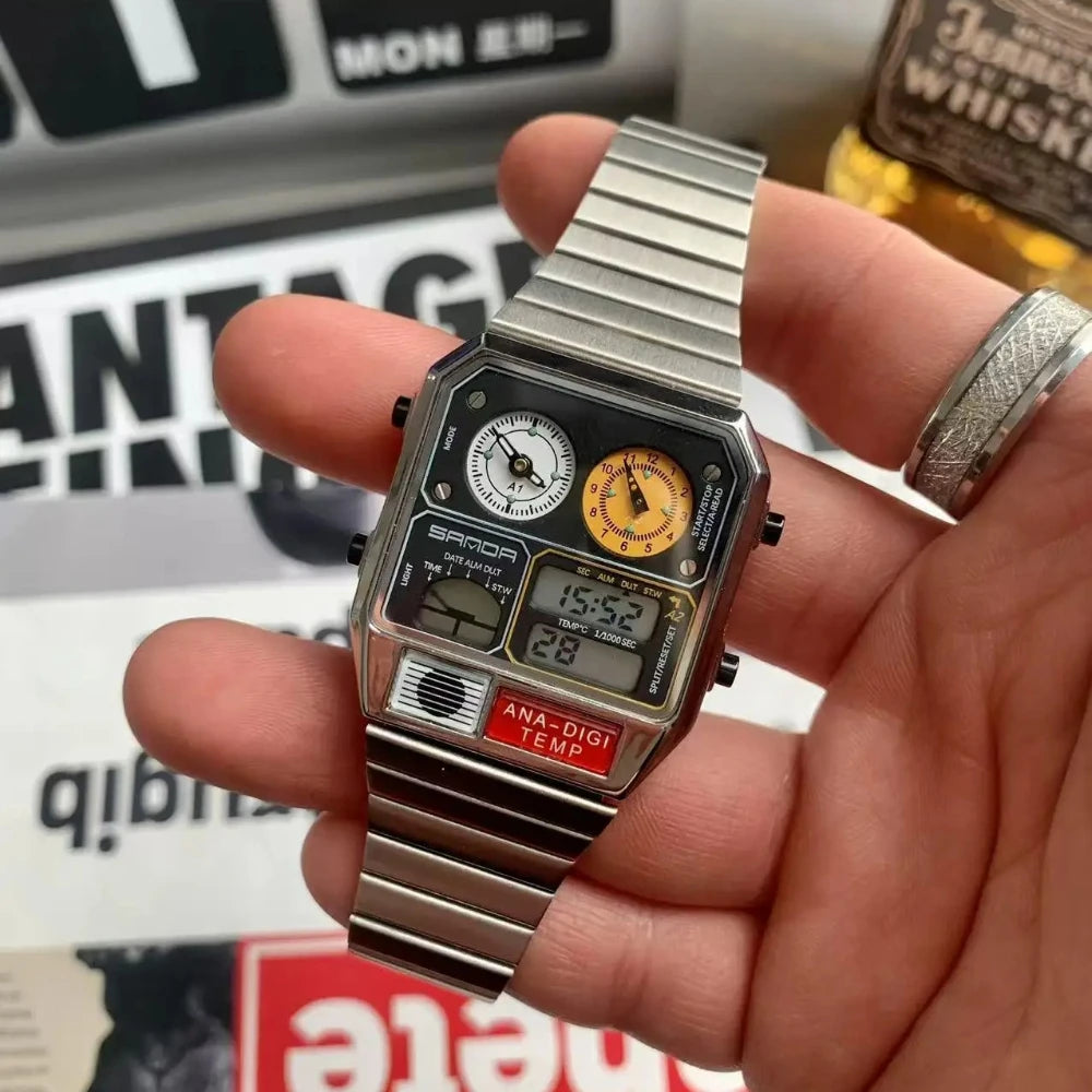 Ultra-thin Steel Alarm Electronic Multifunctional Retro Display Square quartz Watches Men's Outdoor Sports Clock Dual AAA Watch