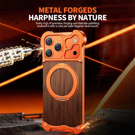 For iPhone 17 16 15 Pro Max Luxury Aluminum Alloy Bumper Wood Grain Case for iPhone 17 Pro 360 ° Rotating Bracket Magnetic Cover