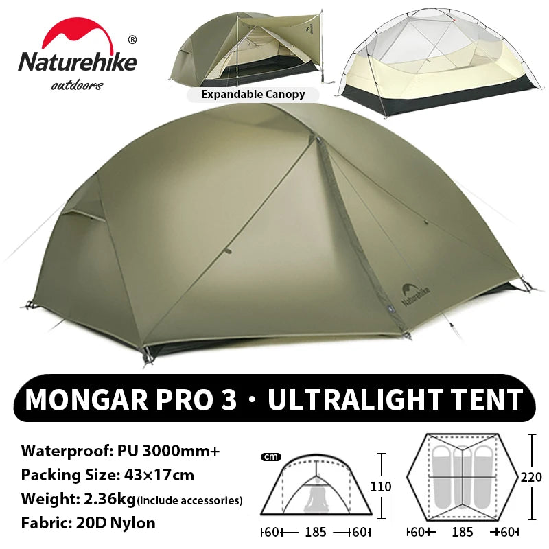 Naturehike Mongar UL PRO 1-3 People Tent 20D Ultralight Travel Waterproof Hiking Survival Outdoor Camping Portable Sun Shelter