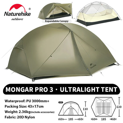 Naturehike Mongar UL PRO 1-3 People Tent 20D Ultralight Travel Waterproof Hiking Survival Outdoor Camping Portable Sun Shelter