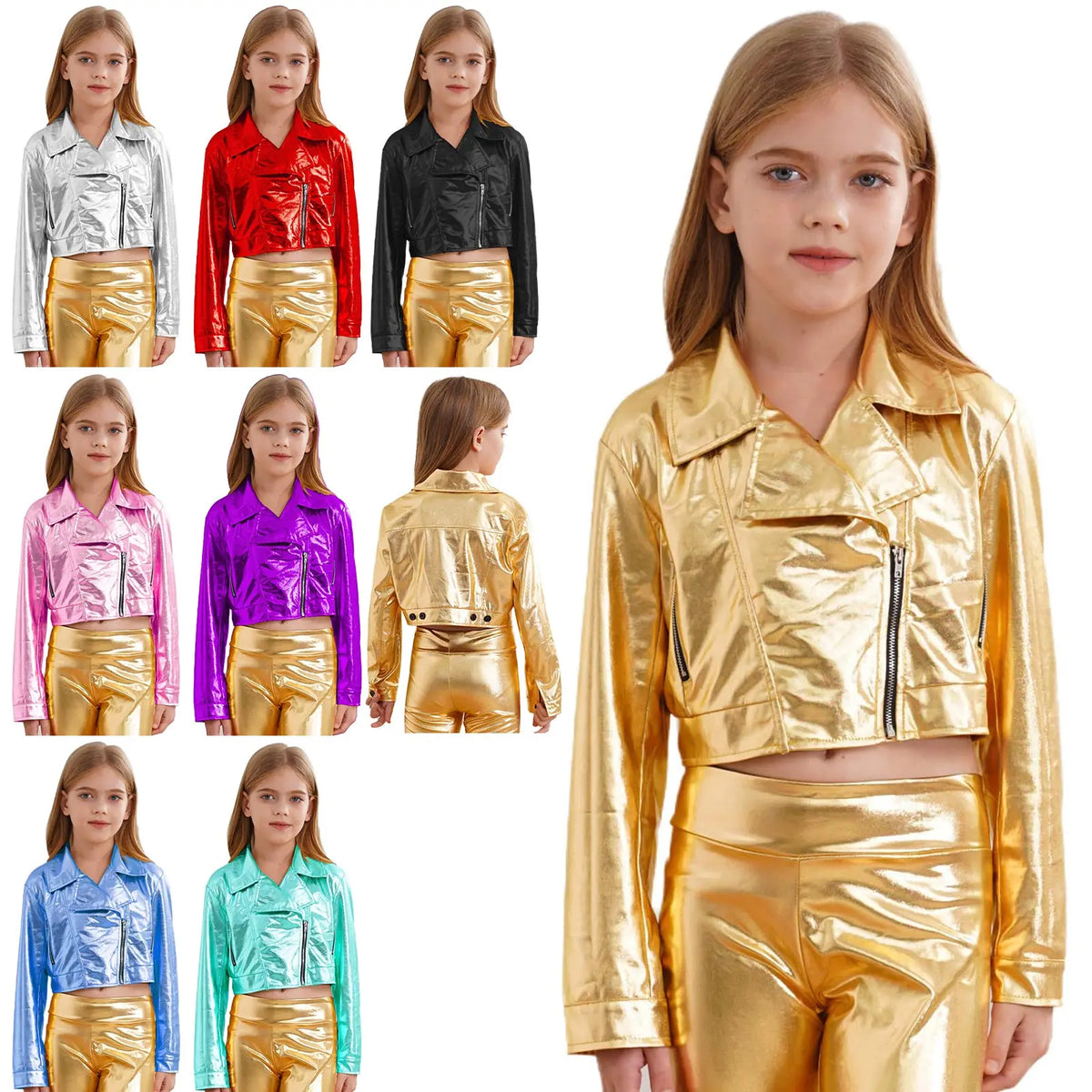 Kid Girls Boys Zipper Metallic Motorcycle Jacket Coat Hip-Hop Jazz Street Dance Outwear School Party Stage Performance Dancewear