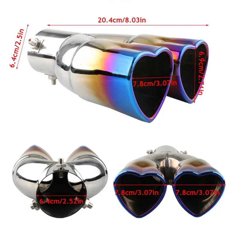 Car heart-shaped double row single row color car tail throat thickened stainless steel love bake blue exhaust pipe